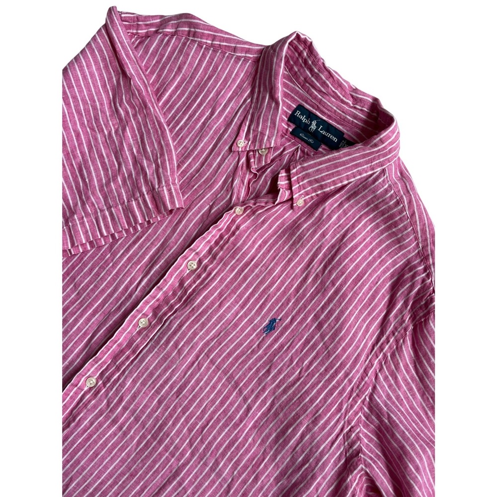 Ralph Lauren Men's Pink‎ White Linen Stripe Short Sleeve Button Down Shirt XXL